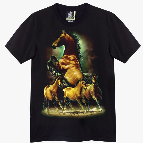 T-shirt Noir Chevaux Sauvages - Design Étalons Dorés