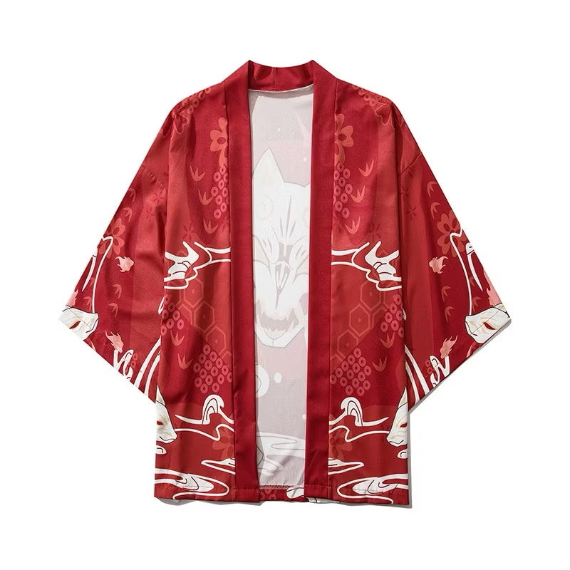 Kimono japonais rouge motif Kitsune