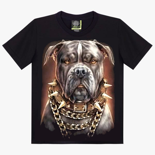 T-Shirt Chien Gangster - Portrait Pit Bull avec Chaînes et Collier à Pointes