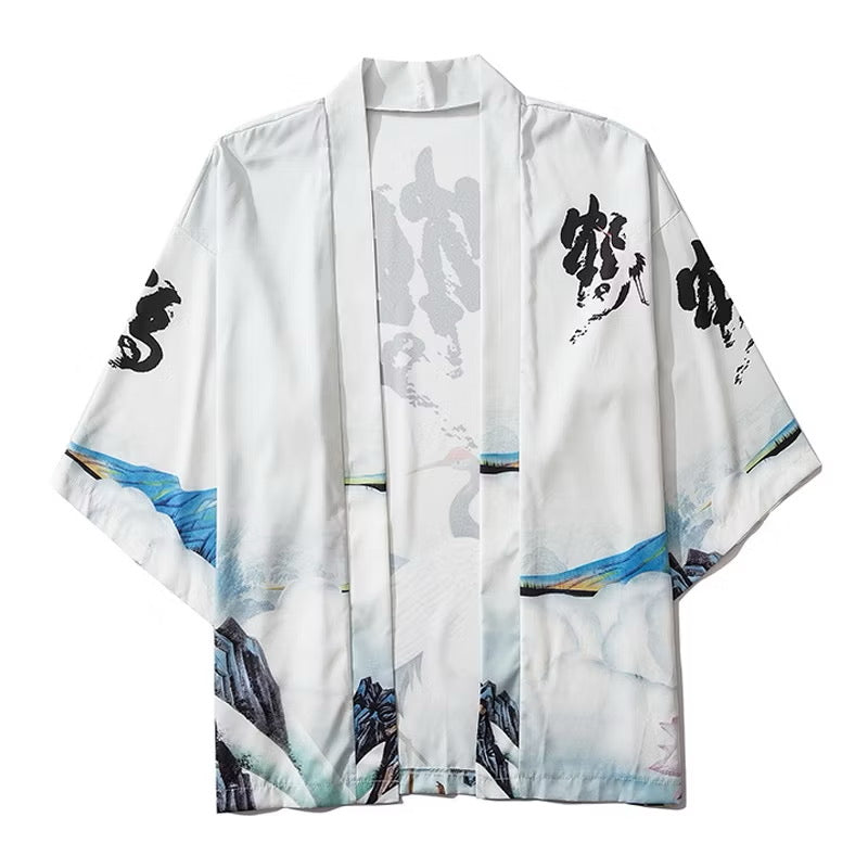Kimono japonais blanc paysage et calligraphie
