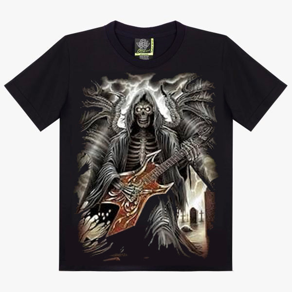 T-Shirt Faucheuse Rockeur - Squelette Guitariste aux Ailes Noires