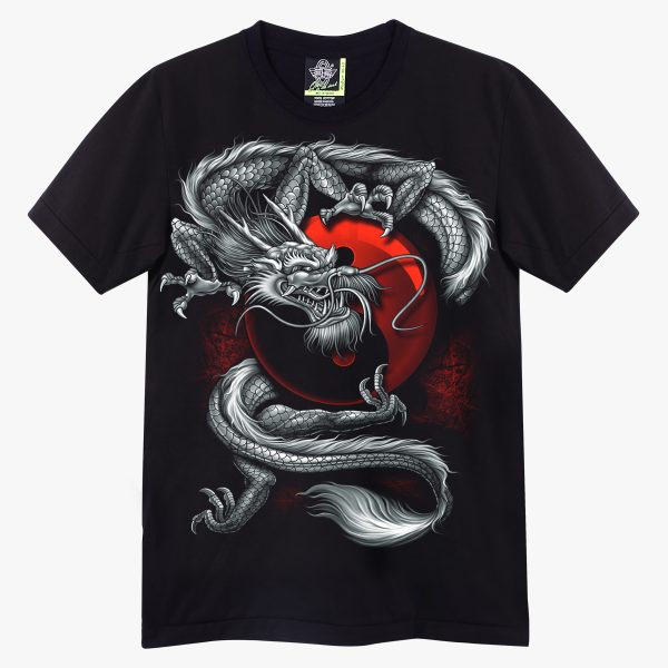 T-shirt Noir Dragon Asiatique - Design Yin Yang Rouge