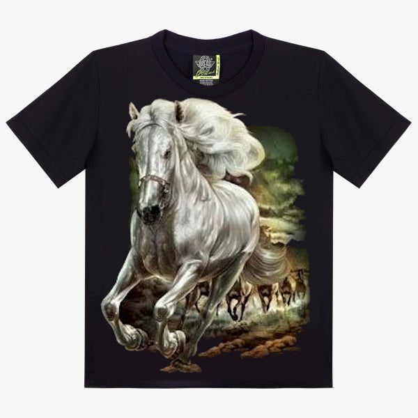 T-Shirt Cheval Blanc Sauvage - Étalon en Liberté avec Troupeau