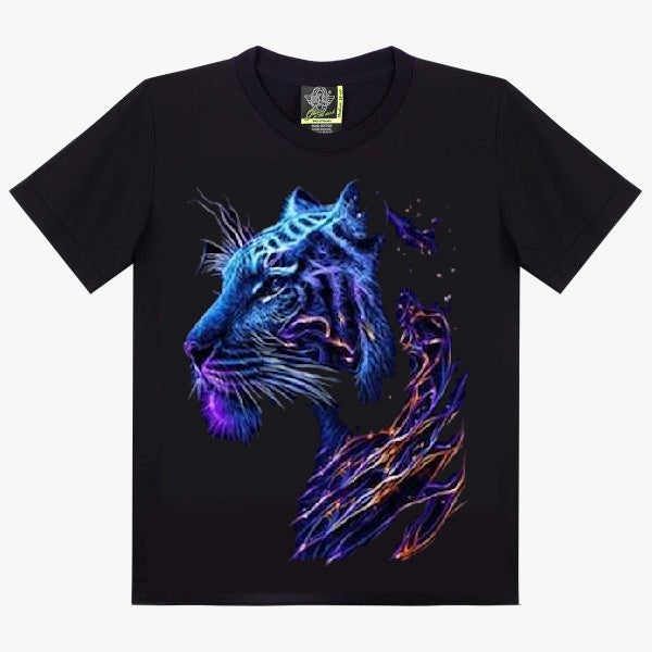 T-shirt Noir Tigre Cosmique - Design Galactique Bleu - Art Fantasy Premium